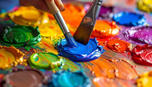 Close-Up of Painter’s Palette with Vibrant Paint Colors and Brushes in Action