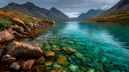 Stunning turquoise lake waters reveal vibrant clear rocks with majestic mountains and autumn foliage under dramatic skies