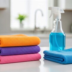 towels and soap, Colorful Microfiber Cleaning Cloths and Blue Spray Bottle for Home Cleaning