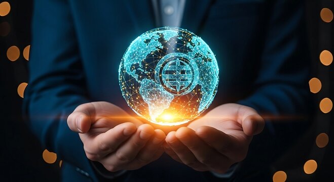 Businessman holding glowing digital globe network connection in hands.