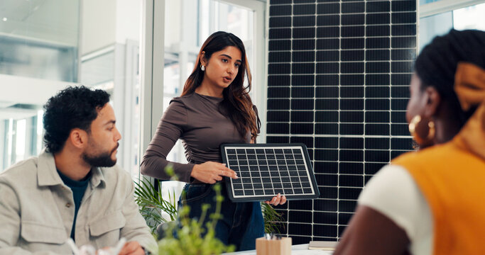 Pitch, proposal and solar panel with business woman in office for renewable energy initiative. Presentation, prototype and sustainability with employee in workplace for photovoltaic power production