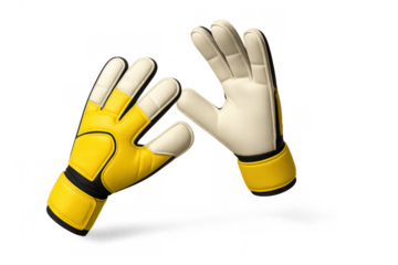 Pair of yellow and white goalkeeper gloves protecting hands for soccer or football sport, isolated on transparent background