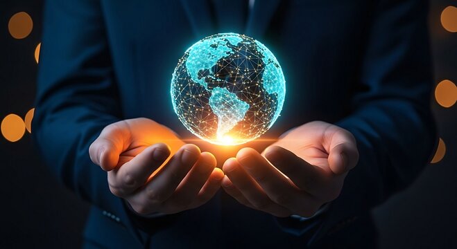 Man holding glowing digital earth in hands, global network connection.