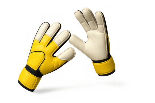 Pair of yellow and white goalkeeper gloves protecting hands for soccer or football sport, isolated on transparent background