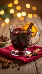 Homemade Mulled Wine on Wooden Table with Cozy Christmas Lights 