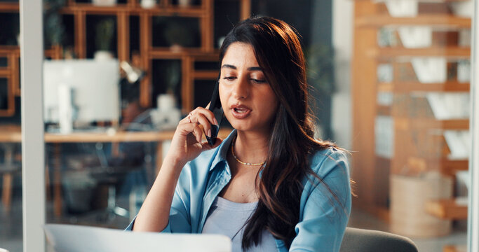 Credit analyst, phone call or speaking in office with laptop, application discussion or company loan. Risk management, verify account info or woman talk with tech, screening process or assets details