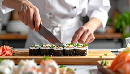 Chef Slicing Sushi Rolls in Professional Kitchen
