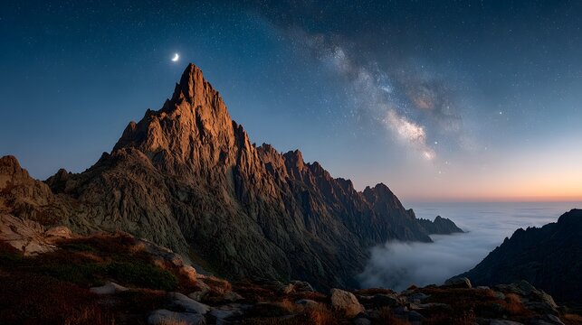 Majestic mountain range bathed in golden sunrise light under a starry sky with crescent moon, stunning cosmic panorama