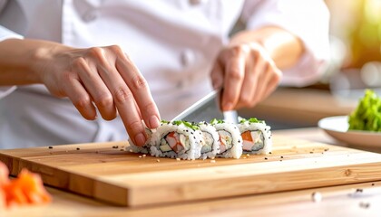 Chef Slicing Sushi Rolls in Professional Kitchen