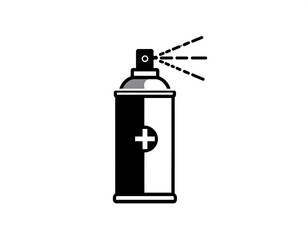 A simple, black-and-white vector illustration of a spray can, with a plus sign, dispensing a fine mist