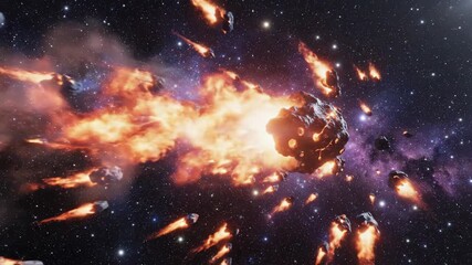 Vertical video of burning asteroids flying through space. A fiery meteor explodes against a purple nebula. Cosmic destruction CGI animation - Powered by Adobe