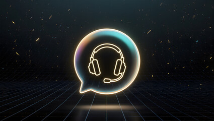 Neon chat bubble with headphones icon for communication and AI support concept