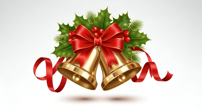 Traditional christmas golden bells hanging with red bow holly leaves and pine branches festive holiday decoration isolated on a white background