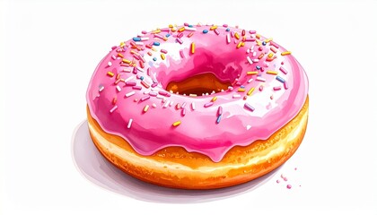 Single donut with pink icing and colorful sprinkles on white background showcasing dessert appeal and playful texture