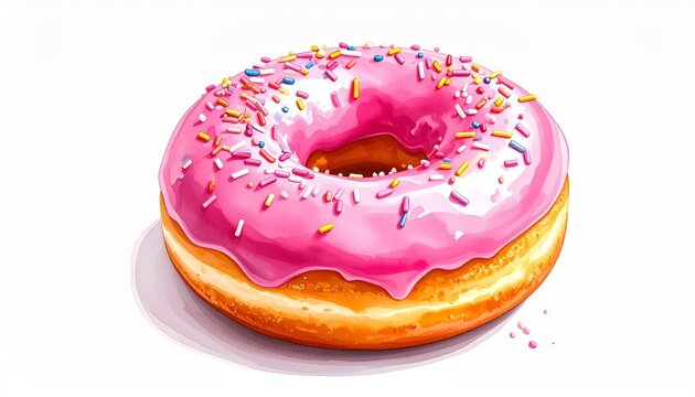 Single donut with pink icing and colorful sprinkles on white background showcasing dessert appeal and playful texture - Powered by Adobe