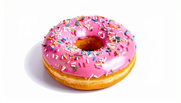 Single donut with pink icing and colorful sprinkles on white background showcasing dessert appeal and playful texture