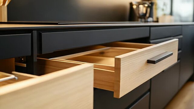 Modern kitchen island featuring open wooden drawers with lighting