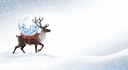 Reindeer with a dream snow globe, festive mood, running through the snow, winter background, place for text