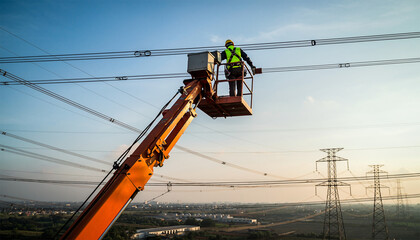 Electrical worker in cherry picker maintaining power lines at sunset with transmission towers