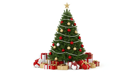 Fototapeta premium Fully decorated realistic christmas tree with red ornaments green garland and gifts at the base isolated on white background