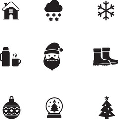 Winter and Christmas Holiday Icon Set  Vector Icons for Seasonal and Cozy Themes  “Silhouette of a cloud with falling snow, winter weather symbol, solid black minimal vector art.”