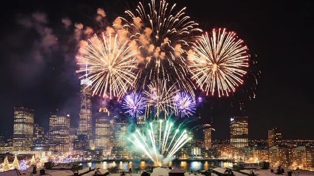 Vertical video of a spectacular fireworks display over a city at night. Colorful pyrotechnics light up the winter skyline for a New Year's Eve celebration