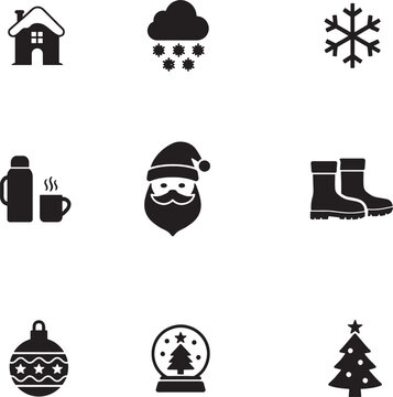 Winter and Christmas Holiday Icon Set  Vector Icons for Seasonal and Cozy Themes  &ldquo;Silhouette of a cloud with falling snow, winter weather symbol, solid black minimal vector art.&rdquo;