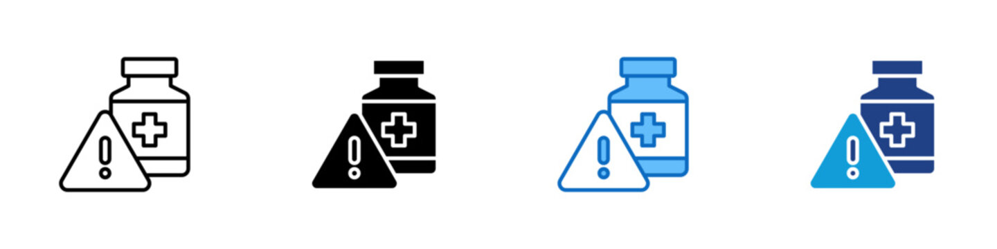 Side Effect Multiple Style Icon Design Vector - warning triangle with a medicine bottle representing drug side effects and caution in usage