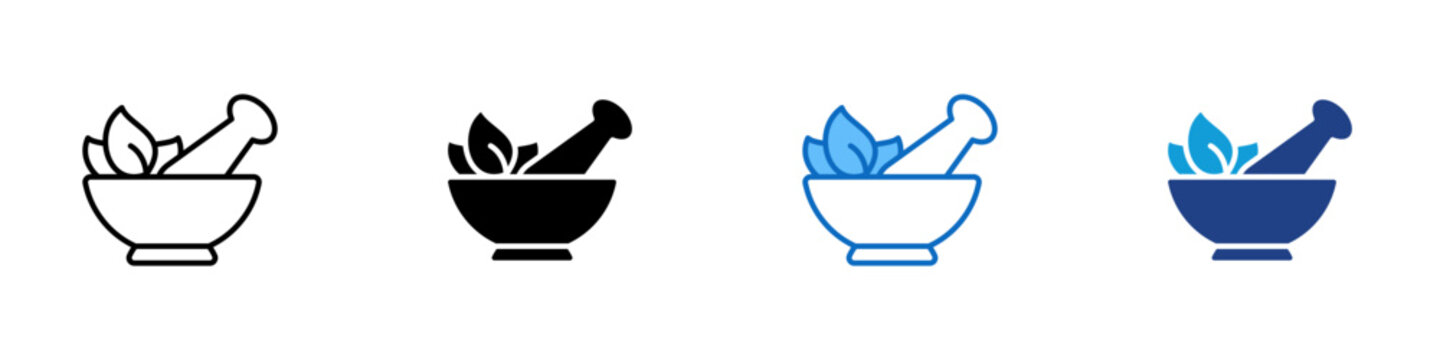 Herbal Bowl Multiple Style Icon Design Vector - mortar and pestle with leaves, representing herbal medicine or natural remedies