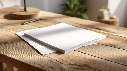 Fototapeta premium Stack of Blank Papers on Wooden Table with Pen and Lamp