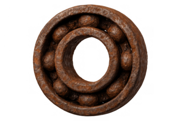 Rusty ball bearing showing decay and corrosion on industrial metal machinery part, isolated on transparent background