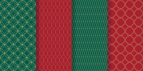 Festive prints for wrapping paper, wallpaper and design in Christmas colors. Seamless pattern set with golden geometric shapes in Art Deco style. Collection of elegant, sophisticated backgrounds, vect