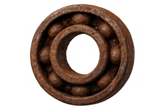 Rusty ball bearing showing decay and corrosion on industrial metal machinery part, isolated on transparent background