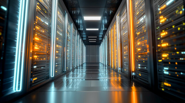 futuristic server room with glowing blue lights