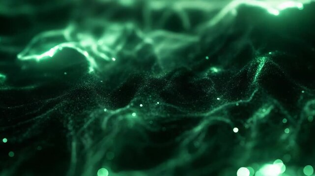 Glowing green particles forming abstract flowing digital waves