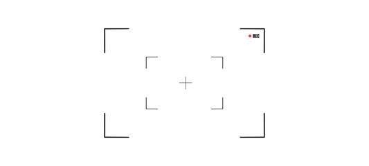 Photo or Video camera viewfinder screen. Includes vector display frame, focus and grid, zoom, shutter, preview.