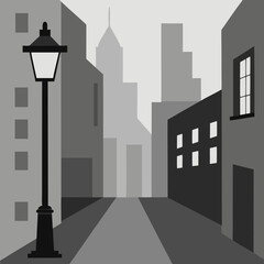 A grayscale of a narrow city street with tall buildings and a vintage street lamp post vector on white background.