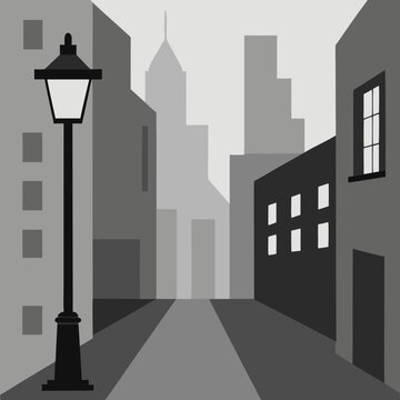 A grayscale of a narrow city street with tall buildings and a vintage street lamp post vector on white background.