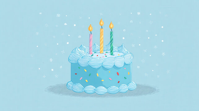 Festive Cake Celebration: A charming illustration showcases a vibrantly decorated cake with lit candles, radiating warmth and happiness against a soft, festive backdrop. 