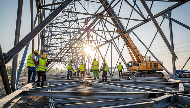 Construction crew assembling metal framework components of electrical transmission tower structure