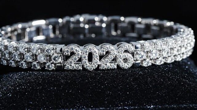 sparkling diamond bracelet featuring 2026 motif on plush black display, dramatic studio lighting produces blue flares and starbursts; premium macro image tailored for new year jewelry marketing.