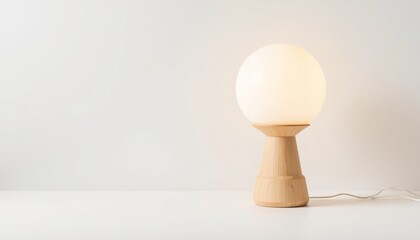 Wooden table lamp with round glass shade in minimalist style  