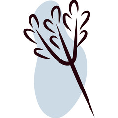 Abstract Minimalist Artwork with Delicate Brown Twig Silhouette Against a Soft Blue Organic Shape on Transparent Background