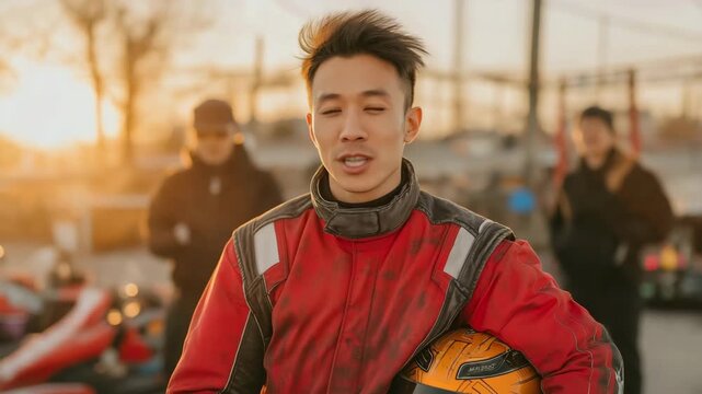 At a go-kart track, a self-assured Asian man in a racing suit and helmet approaches the camera with pals in tow.