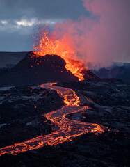 Erupting Volcano with Flowing Lava at Dusk