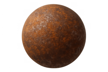 Rusty metal sphere with textured surface on transparent background representing decay and aging process