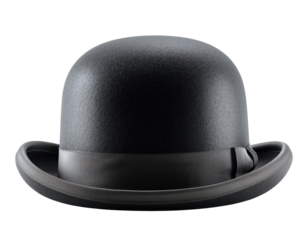 Black bowler derby hat isolated on transparent background