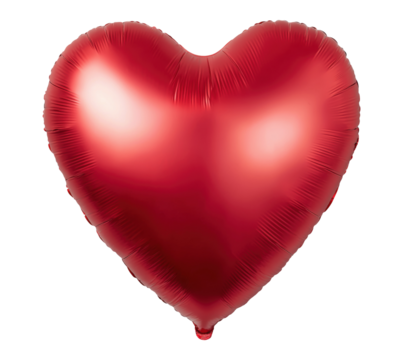 Vibrant red metallic foil heart balloon with glossy finish, isolated on transparent background