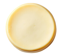 Round slice of cheese wheel with smooth surface, isolated on transparent background