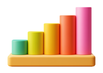 Colorful 3D bar chart with gradient columns on orange base platform, isolated on transparent background